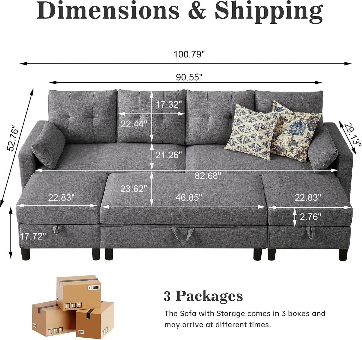 101" Convertible Sectional Sofa with Ottoman Coffee Table, Modern Linen Fabric U-Shaped Couch with Storage Pocket, 4 Seat Sofa Couches for Living Room, Apartment, Office, LightGrey