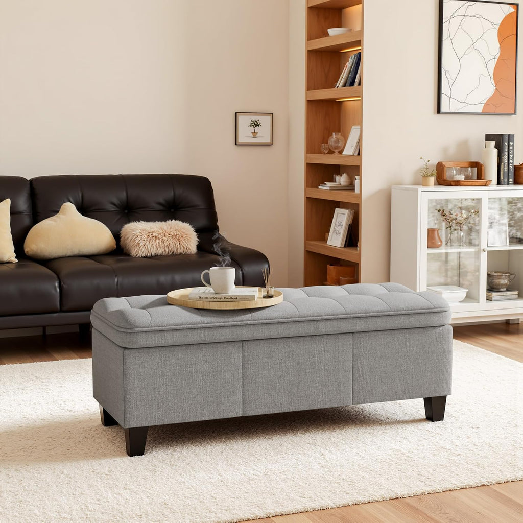 YESHOMY 47 Inches Ottoman with Storage, Light Grey Linen | Storage Bench with Legs, Ottomans for Living Room, Entryway, Adjustable & Movable, Easy Assembly