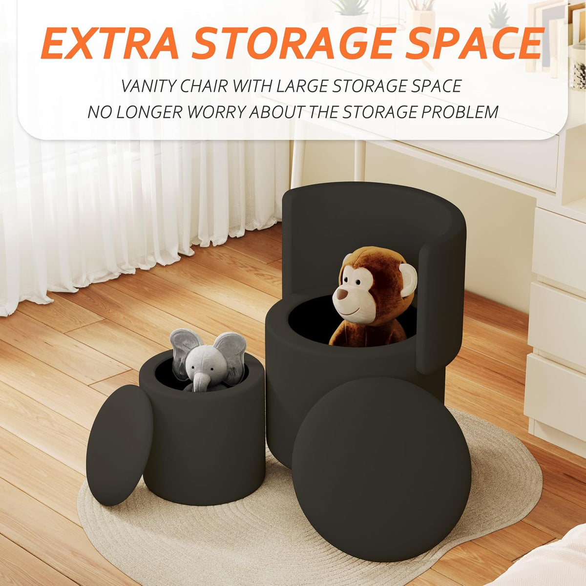Round Vanity Chair with Storage, Rolling PU Leather Swivel Work Makeup Stool Chair with Folding Back, Upholstered Ottomans for Bedroom Living Room