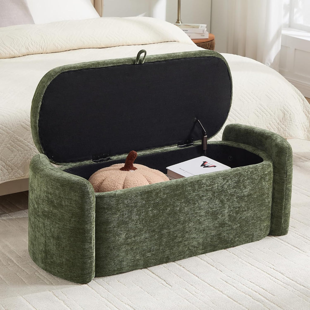 Oval Ottoman Bench with 20 Gal of Storage Space Upholstered Chenille Seat End of Bed Storage Bench Storage Ottoman with Storage for Bedroom, Living Room, Entryway, Window(Green)