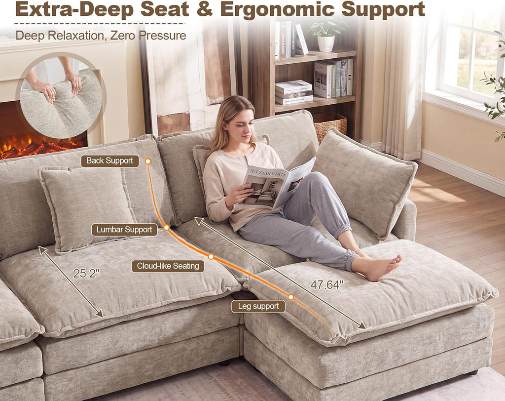 111.5” Modular Sectional Sofa, L Shaped Cloud Couch with Ottoman | Couches for Living Room, Cloud Comfort, Removable Washable Pillow Covers, Deep Seat, Movable Ottoman, Chenille Camel Brown