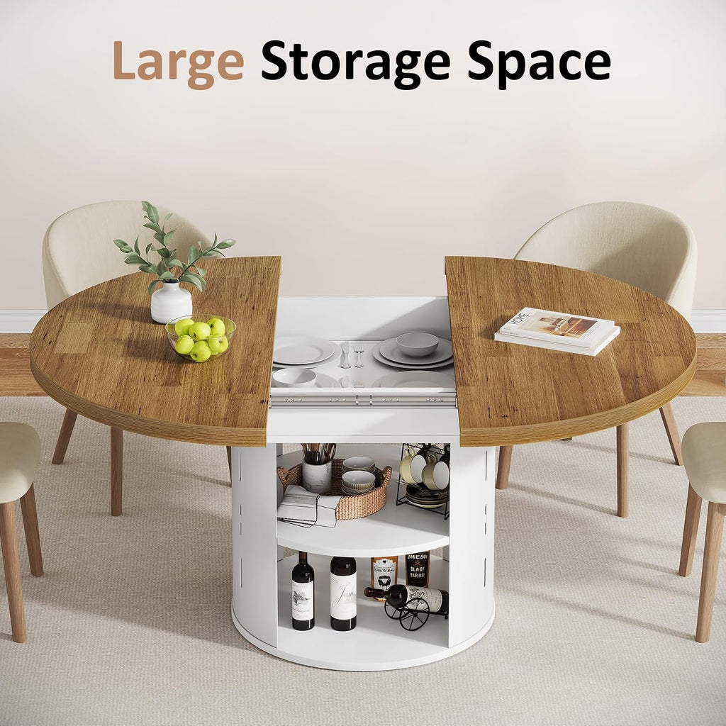43.3in-59in Extendable Round Dining Table for 4-6, Modern Oval Dining Table with Storage Shelf & White Metal Frame, Space-Saving Expandable Table for Kitchen & Living Room, Oak