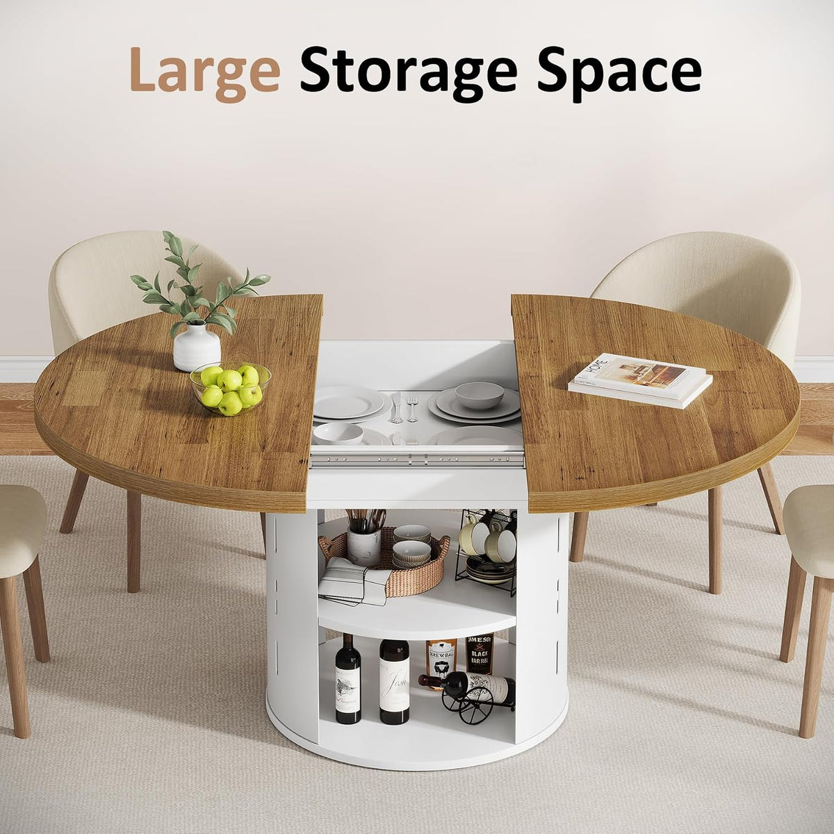 43.3in-59in Extendable Round Dining Table for 4-6, Modern Oval Dining Table with Storage Shelf & White Metal Frame, Space-Saving Expandable Table for Kitchen & Living Room, Oak