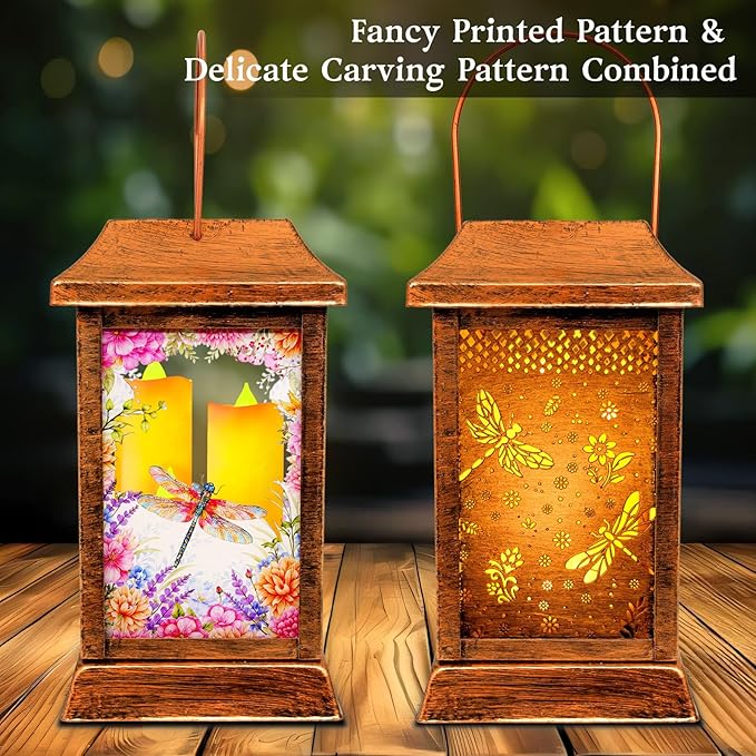 Dragonfly Solar Lanterns Outdoor Waterproof, Metal & Glass Hanging Lights Garden Decor, Birthday Gifts for Women Mom Grandma Mothers Day, Decorative Lights for Outside Yard Patio Backyard Porch