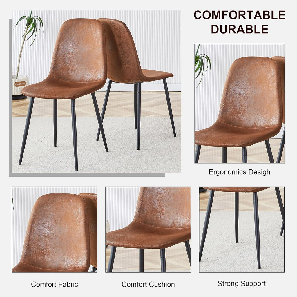 47" Round Dining Table Set for 6, Walnut Wood Grain Table and 6 Brown Suede Upholstered Chairs Set, Mid Century Modern Kitchen Table Set with Cross Legs