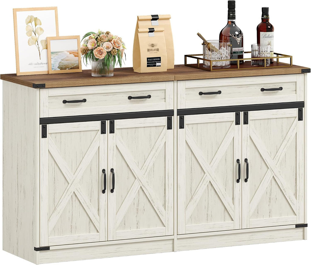 Hzuaneri Kitchen Storage Cabinet, Buffet Cabinet with Storage, Modern Farmhouse Sideboard Cabinets with Drawer, 55.1" Coffee Bar Cabinets with Doors & Adjustable Shelves, for Kitchen, White Brown