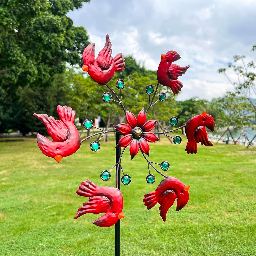 Cardinal Red Bird Wind Spinner Garden Decor, 48 Inch Metal Yard Spinner Sculpture for Patio Lawn & Outdoor Decorations