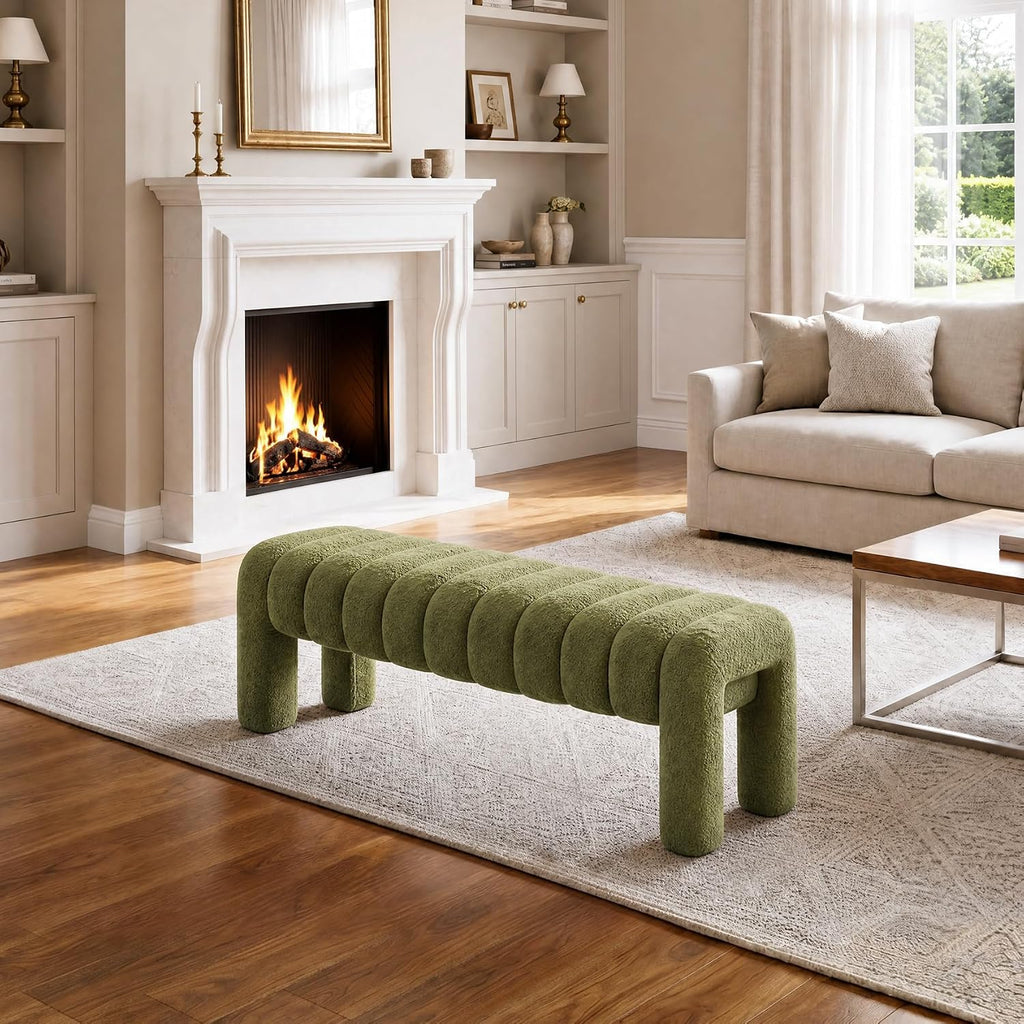 43’’ Bedroom Bench, Upholstered End of Bed Bench with Solid Wood Legs, Modern Small Dining Bench with Full Covered Fabrics for Entryway, Bedroom, Living Room (Green, Boucle)