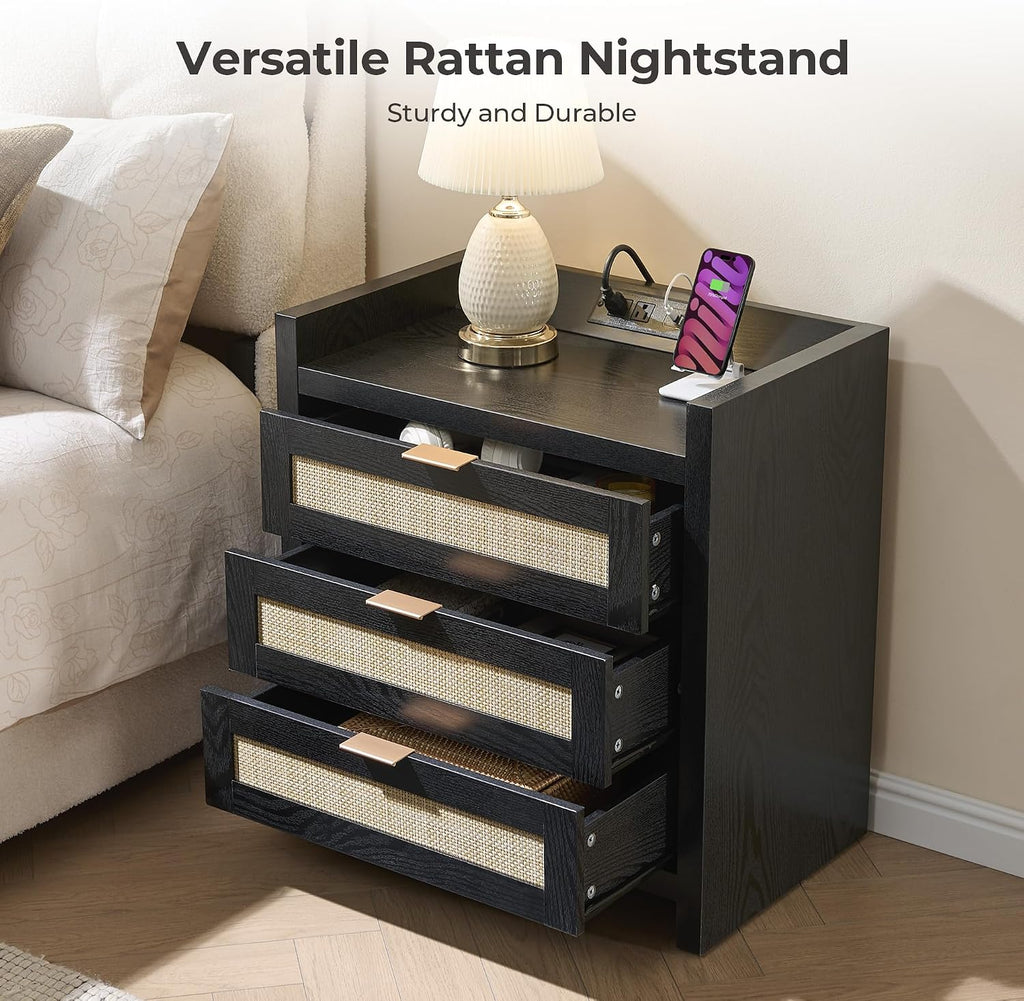 SICOTAS Nightstands Set of 2 : Rattan Tall Bedside Table with 3 Drawers | Farmhouse Boho Night Stand with Type-C Charging Station, Storage, Larger End Table Side Table for Bedroom Office
