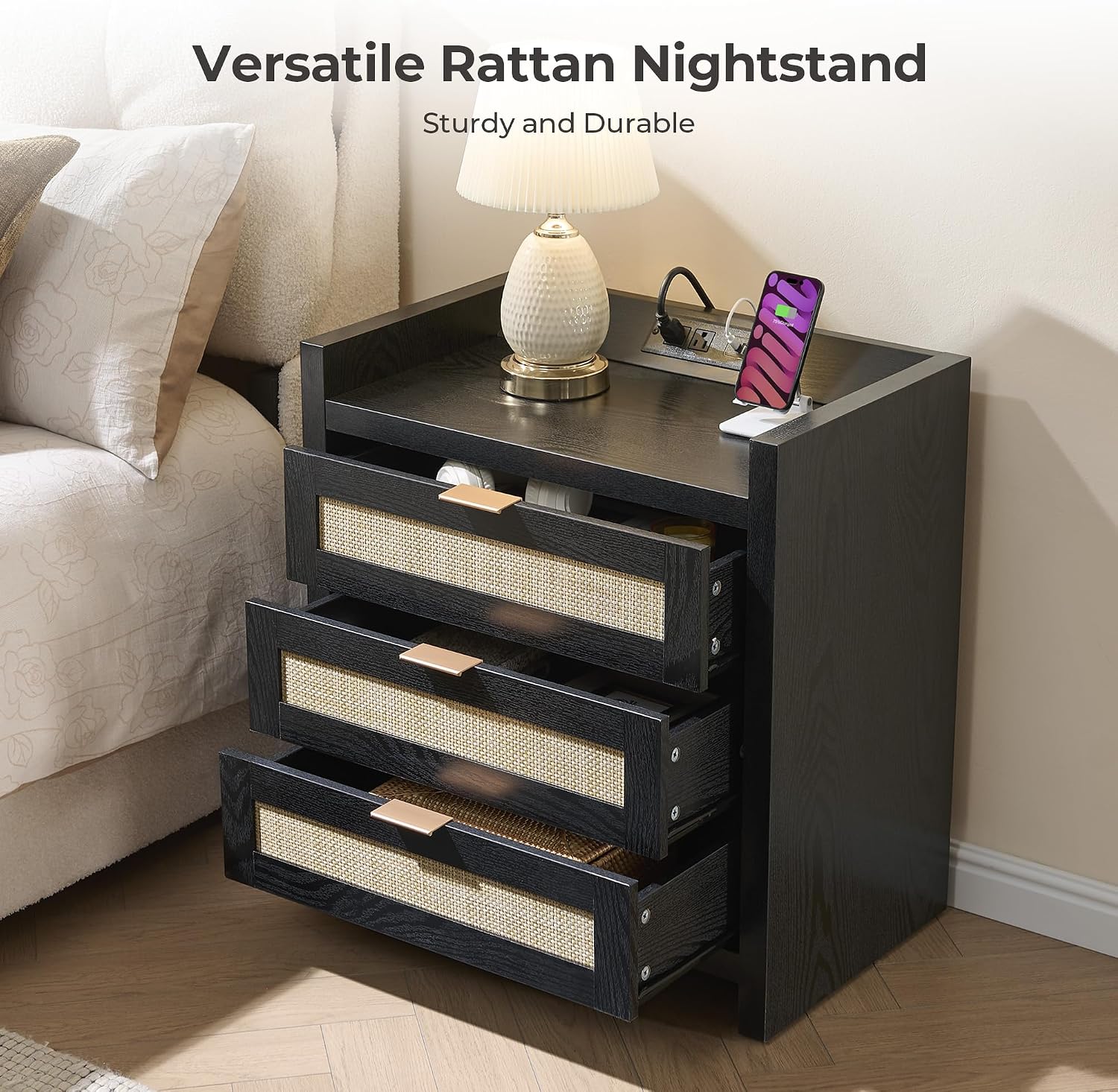 SICOTAS Nightstands Set of 2 : Rattan Tall Bedside Table with 3 Drawers | Farmhouse Boho Night Stand with Type-C Charging Station, Storage, Larger End Table Side Table for Bedroom Office