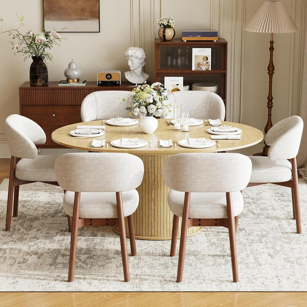 MALOL 47"-63" Extendable Round to Oval Dining Table Chairs Set for 4-8, Modern Wooden Kitchen Table and Chairs with Hidden Storage and Fluted Design for Dining Room/Small Space(Natural Wood and Brown)