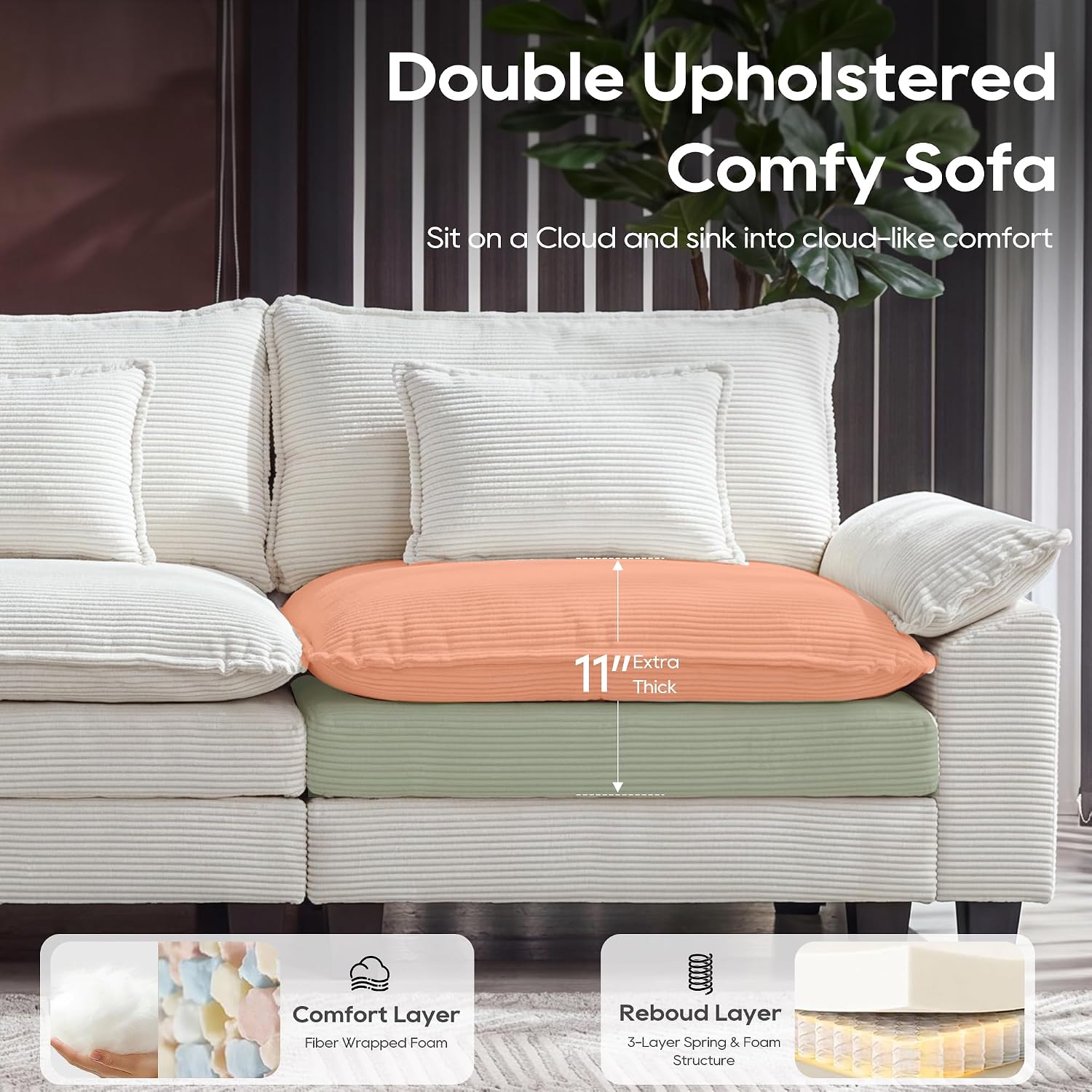 URRED Oversized Modular Sectional Sofa，Solid Beige：122" U Shaped | Modern Comfy Cloud Couch with Movable Ottoman and Pillow, Deep Seat Couches for Living Room, Bedroom or Apartment