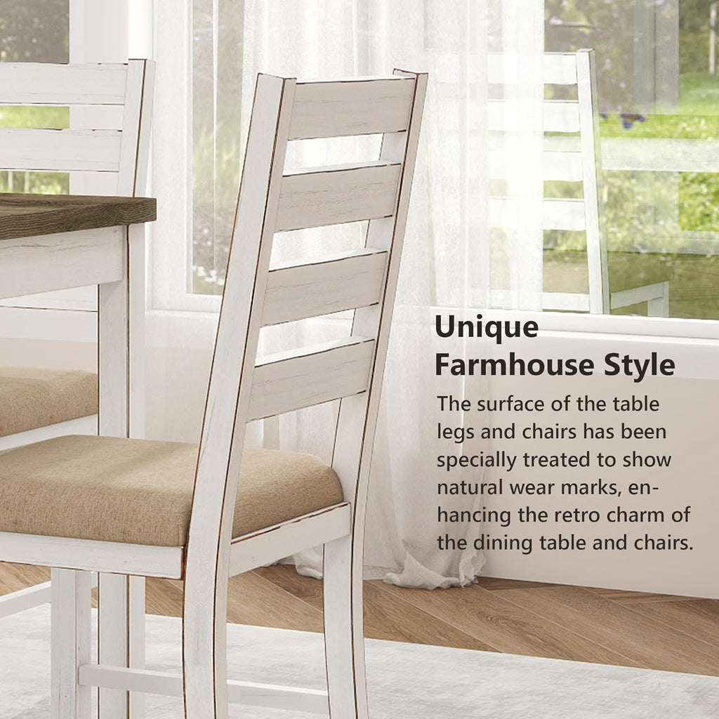 ROCSUMOO 6 Piece Farmhouse Dining Table Set of 6 with 4 Chairs & 1 Bench | 59" Rectangular Kitchen Table Set with Old Design, Farmhouse White Dinner Room Set Solid Wood Stable Space Saving