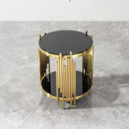 Gold Black End Table with Golden Stainless Steel Frame,Modern Glass Bedside Nightstand Table,Glass Cocktail Small Living Room Coffee Table