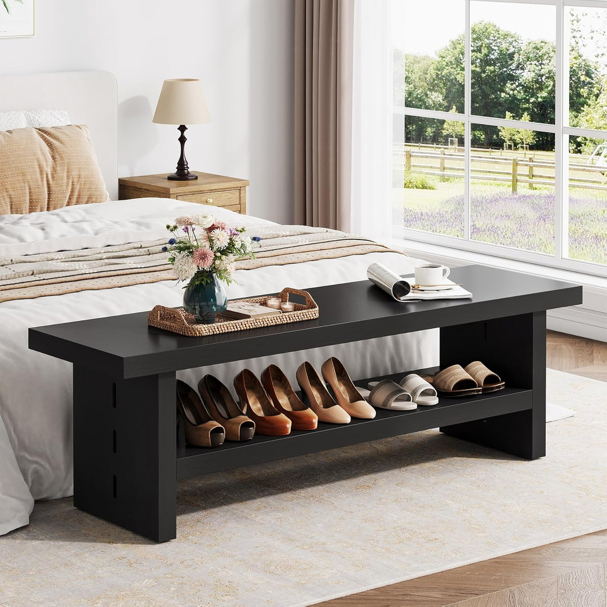 2 Tier Entryway Bench, 47.24" Shoe Bench, Rustic Shoe Rack, Wooden Storage Bench for Entryway Hallway Living Room Bedroom, Easy Assembly, Black