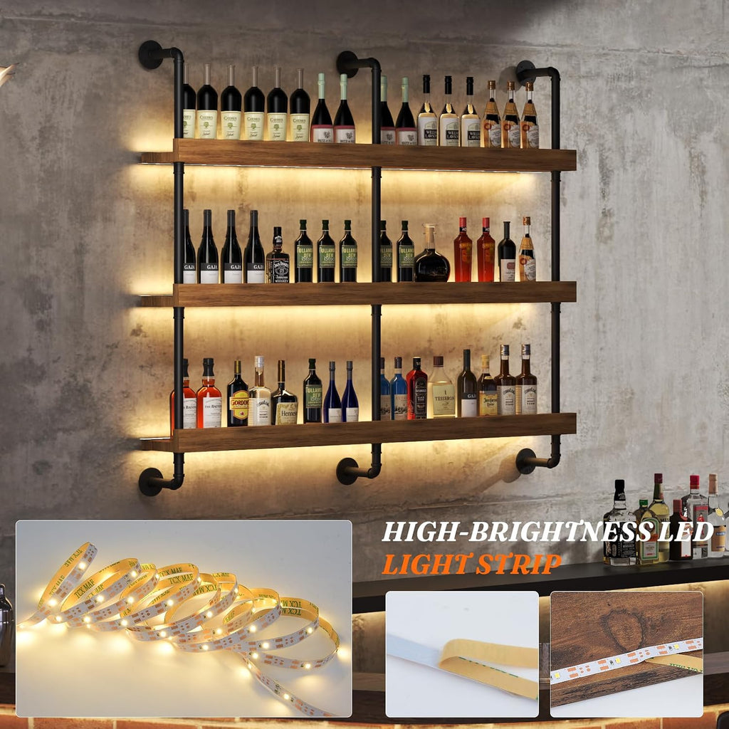 Large Wine Rack Wall Mounted with LED Light, Solid Wood Bar Shelves Wall Mounted, 3-Tiers Liquor Bottles Floating Shelves Display Storage Organizer for Home Bar, Dining Room (47.2 inch)