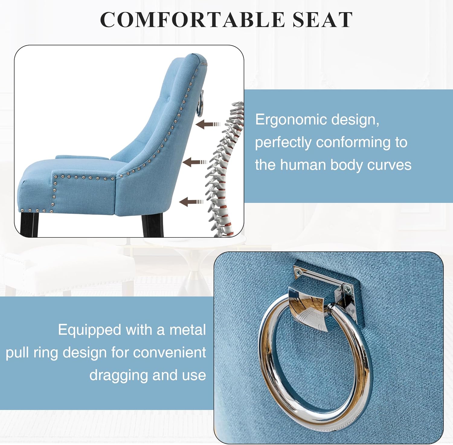 adochr Dining Chairs Set of 4, Upholstered Fabric Dining Room Chairs with Nailhead High Back & Ring Pull & Wooden Legs, Mid-Century Modern Kitchen Chairs for Restaurant, Living Room, Light Blue