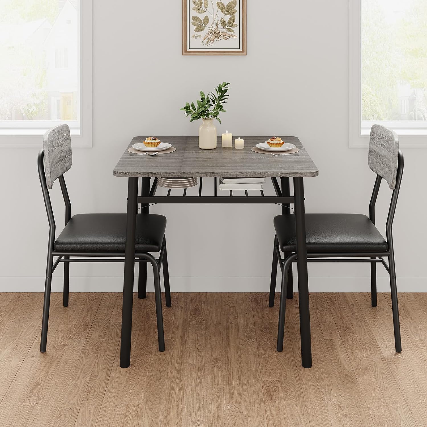 IDEALHOUSE Small Dining Table Set for 2, 3-Piece Dining Set with Storage Rack, Wood Kitchen Table with Upholstered Chairs, Square Table Set with Metal Legs Support, for Dining Room, Living Room, Grey