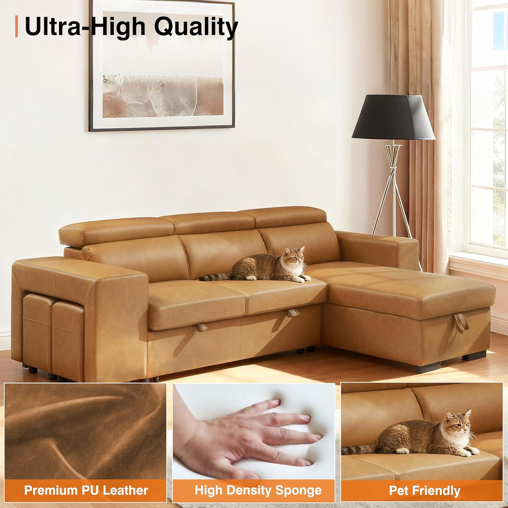 THSUPER 102'' Leather L Shaped Sectional Sleeper Sofa with Pull Out Bed, Sleeper Sectional Couch with Reversible Storage Chaise and Adjustable Headrest, Moder Leather Couches for Living Room. Brown | Breathable material