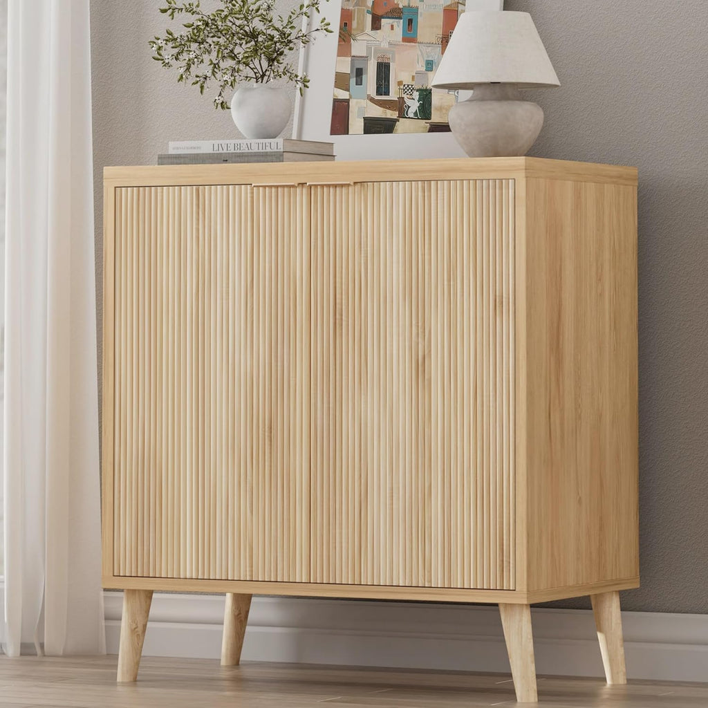 Homleke Buffet Cabinet with Storage, Modern Fluted Accent Sideboard with Doors & Adjustable Shelf, Buffet Table Entryway Cabinets for Living Room, Kitchen, Dining Room, Hallway, Natural