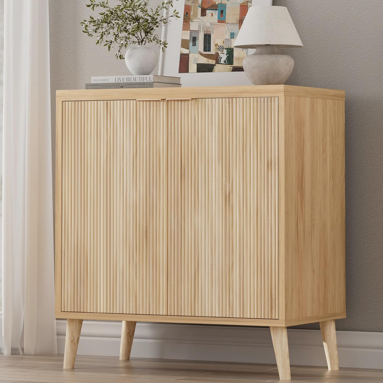 Homleke Buffet Cabinet with Storage, Modern Fluted Accent Sideboard with Doors & Adjustable Shelf, Buffet Table Entryway Cabinets for Living Room, Kitchen, Dining Room, Hallway, Natural