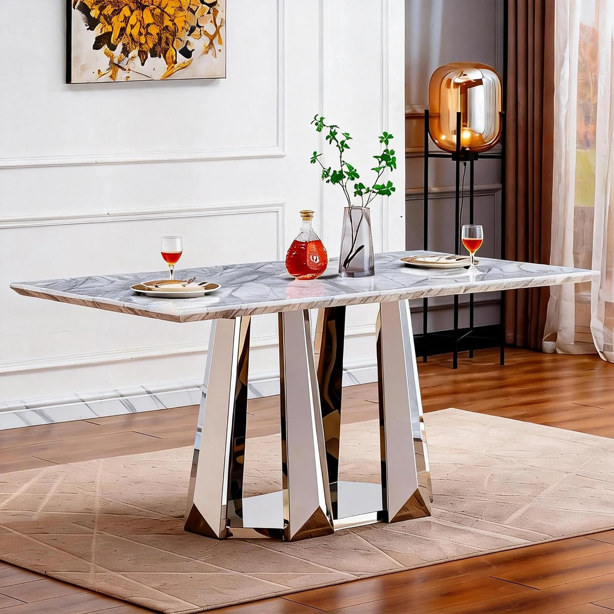 70" Rectangle Faux Marble Luxury Grey Dining Table for 6-8 People, Modern Large Kitchen Table with Silver Mirrored Stainless Steel Leg Base, Dining Table for Dining/Living Room, Office (One Table)