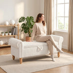 55" Storage Ottoman Bench, Corduroy End of Bed Bench for Bedroom, White | Upholstered Entryway Bench with Seating, Solid Wood Legs, Rolled Arm, for Bedroom Living Room Window Hallway, up to 285 lbs