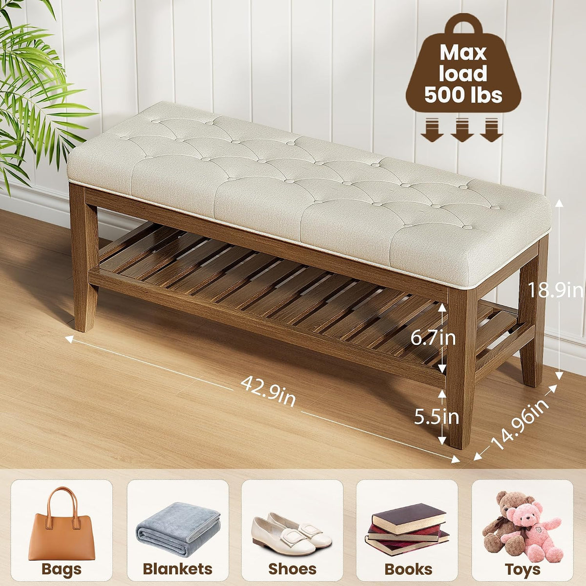 REONEY 43" End of Bed Bench, Upholstered Bedroom Storage Ottoman Bench, Entryway Shoe Bench, Padded Window Seat with Solid Wood Legs, for Living Room, Hallway, Beige Linen