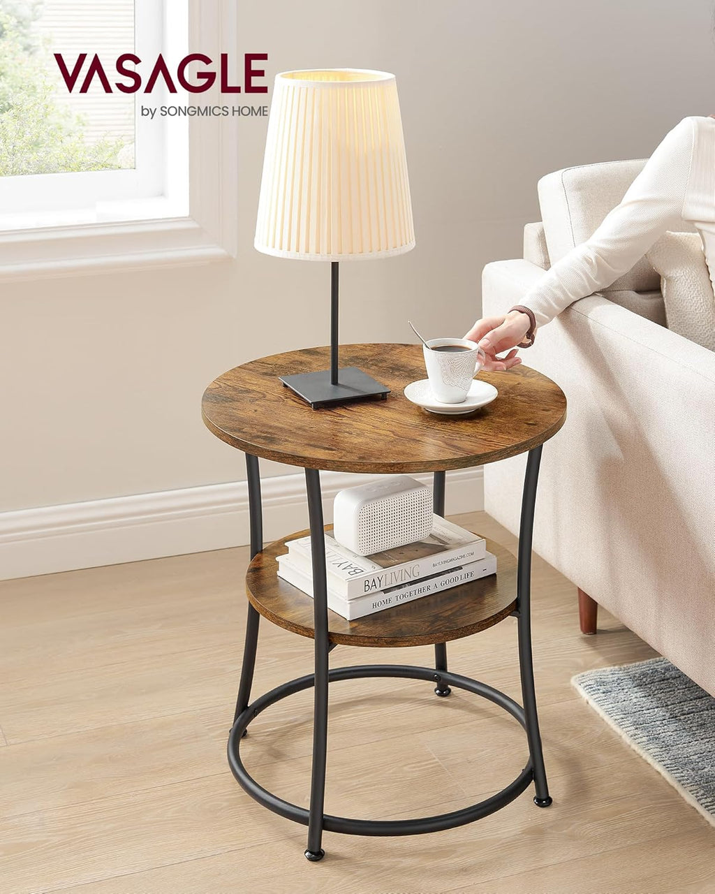 VASAGLE 21.7-Inch Round Side Table, 2-Tier End Table, Nightstand with Steel Frame, Spacious Top, for Small Spaces, Living Room, Bedroom, Rustic Brown and Ink Black ULET56BX