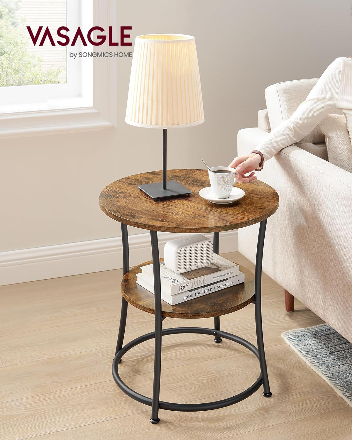 VASAGLE 21.7-Inch Round Side Table, 2-Tier End Table, Nightstand with Steel Frame, Spacious Top, for Small Spaces, Living Room, Bedroom, Rustic Brown and Ink Black ULET56BX