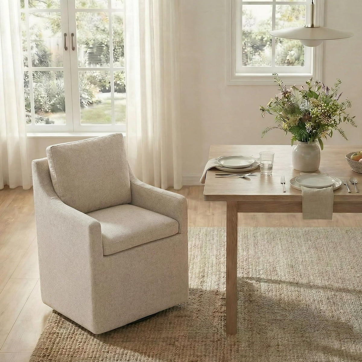KISLOT Upholstered Dining Chairs Set of 1 with Washable Cover, Khaki | Modern Rolling Dining Room Chairs with Casters, Hidden Storage Seat, Linen Look Fabric, Padded Kitchen Accent Chairs