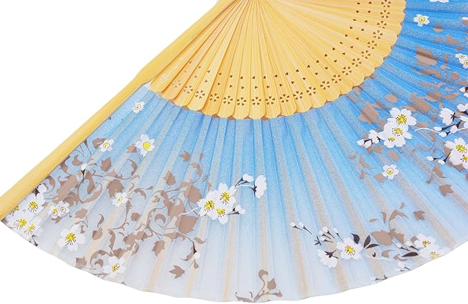 Amajiji 8.27"(21cm) Hand Held Bamboo Silk Folding Fan Hand Fan,Chinese/Japanese Charming Elegant Vintage Retro Style,Women Ladys Girls Best Gifts (SkyBlue)