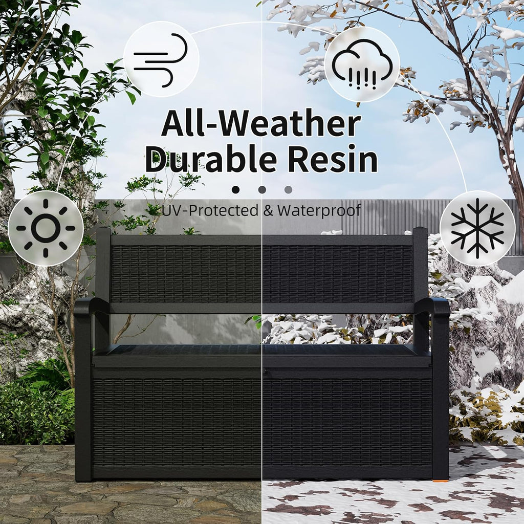 PatioZen 80 Gallon Outdoor Storage Bench Deck Box Waterproof Lockable,Outdoor Storage Furniture for Patio,Garden and Porch,Tools and Cushions（Black）