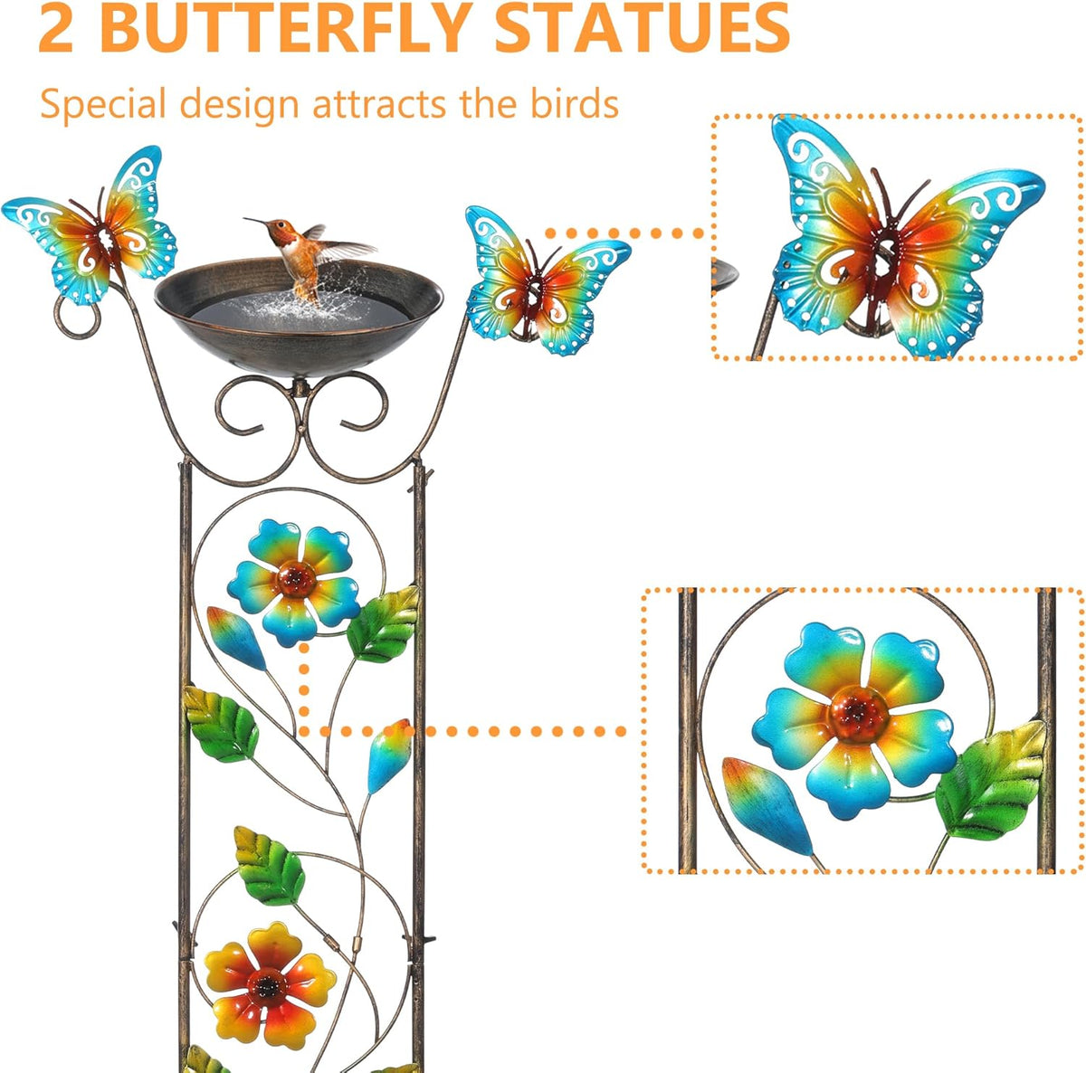 LEWIS&WAYNE Garden Trellis Bird Bath Outdoor, 40 Inch Antique Iron Garden Plant Trellis Decorative with Floral-Butterflies and Detachable Drinking Basin Bowl, Free Standing BirdBath Birdfeeder Station