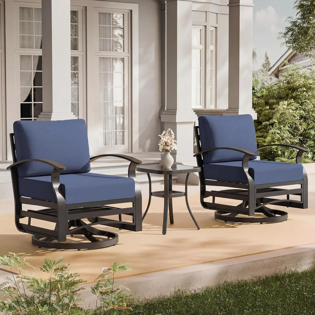 3 Piece Aluminum Swivel Rocking Chair Set, Outdoor Patio Swivel Gliders Chair with Glass Top Coffee Table, Conversation Furniture Set Suitable for Patio, Lawn, Outdoor, Back Garden(Dark Blue)