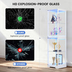 Glass Display Cabinet with Doors, 65" Tall 4-Tier Curio Display Case with 3 Color Lights and Human Body Sensor, Bookcase for Collectibles, White