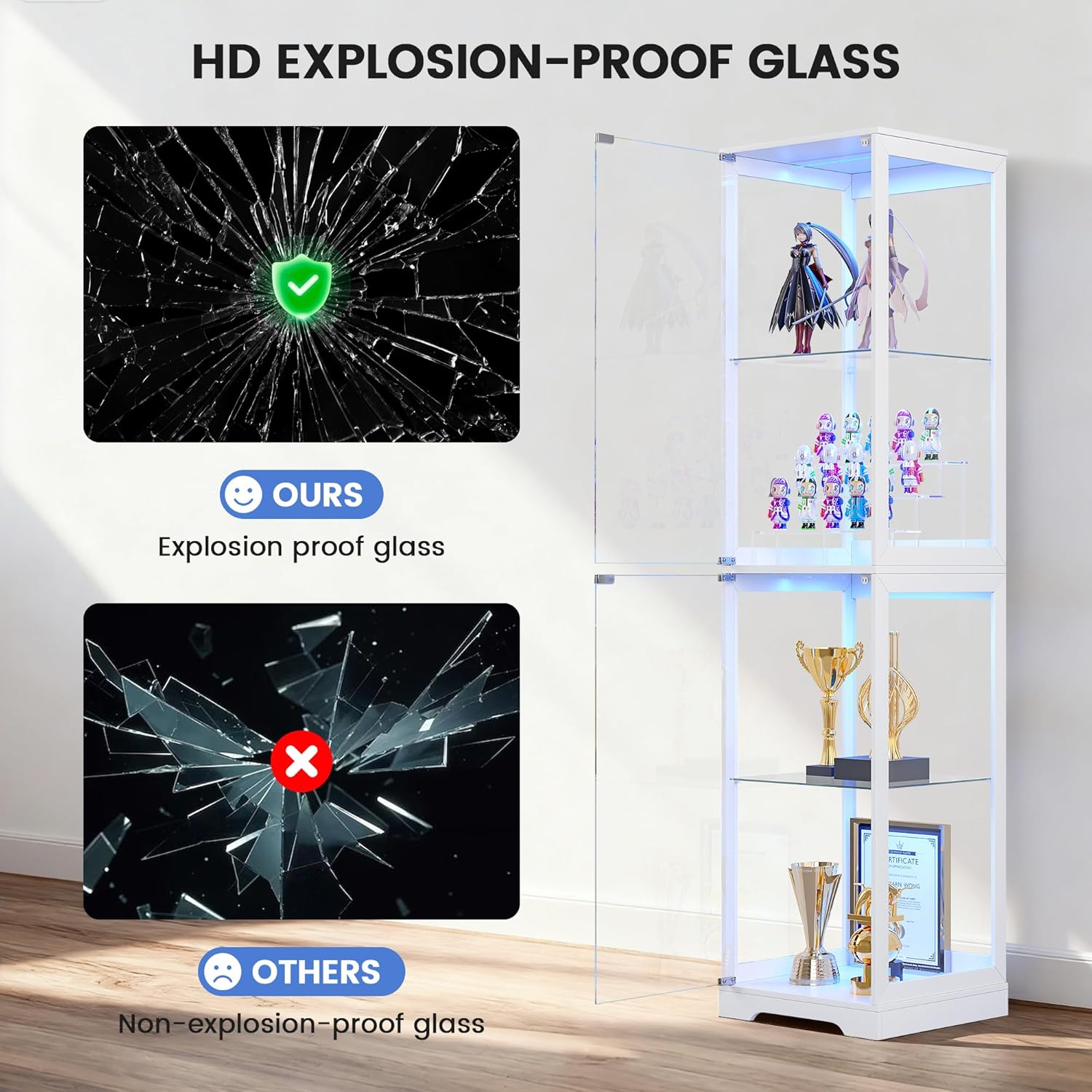 Glass Display Cabinet with Doors, 65" Tall 4-Tier Curio Display Case with 3 Color Lights and Human Body Sensor, Bookcase for Collectibles, White