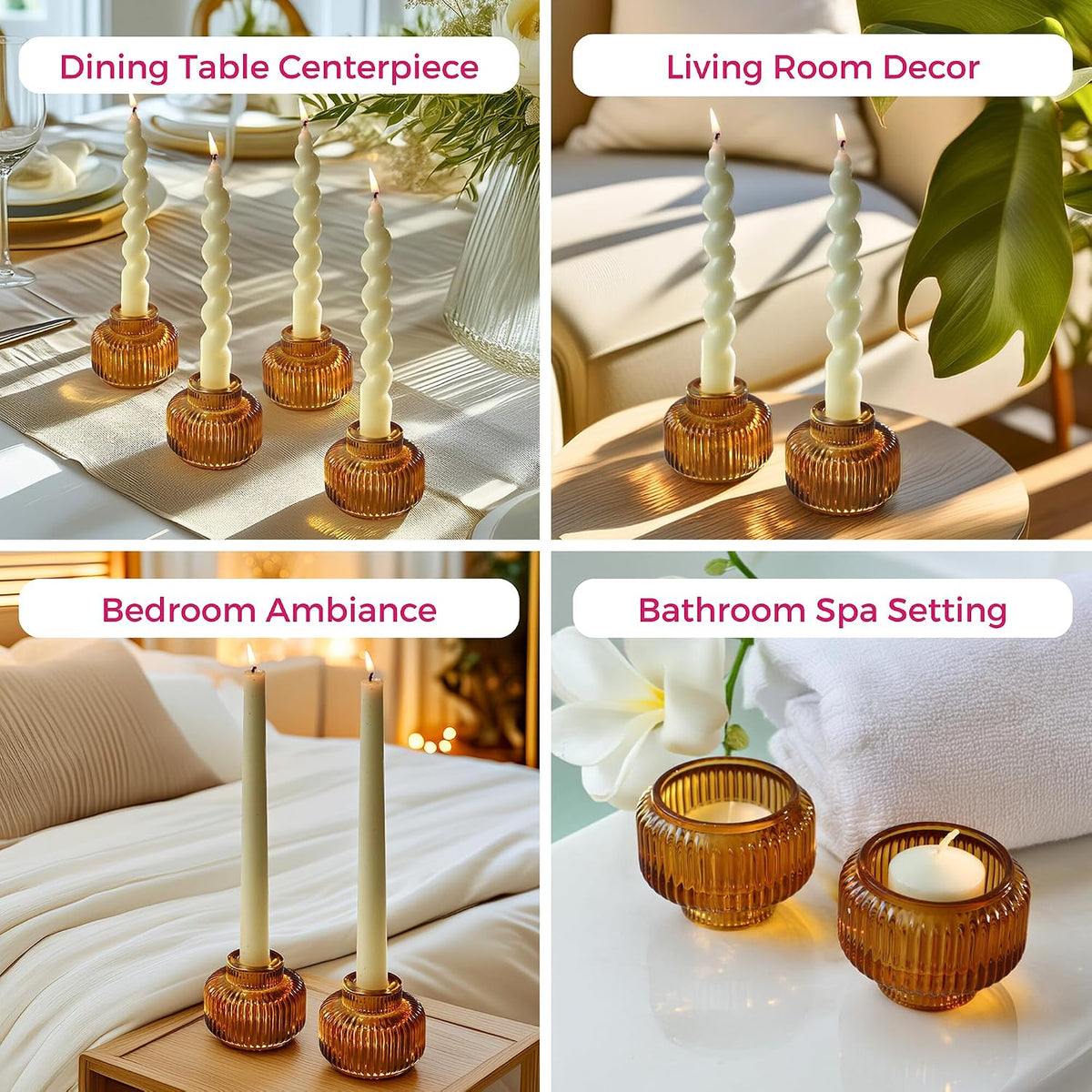 Kate Aspen Amber Taper Candle Holders for Candlesticks Set of 4 - Fluted Candlestick Holders for Fall Decor, Home Decor, Votive Candle Holder Decor, Tea Light Holder, Centerpiece Table Decorations