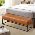 Leather Entryway Bench, Modern Long Faux Leather Ottoman Bench Seat with Metal Frame, 47'' Upholstered Bedroom Bench for Living Room Entryway Window, Vintage Brown