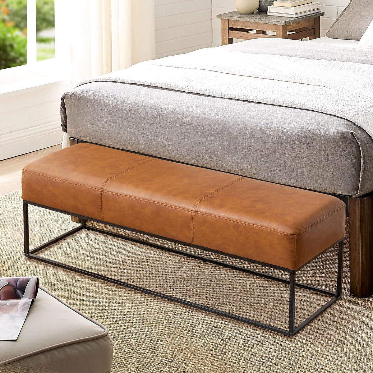 Leather Entryway Bench, Modern Long Faux Leather Ottoman Bench Seat with Metal Frame, 47'' Upholstered Bedroom Bench for Living Room Entryway Window, Vintage Brown