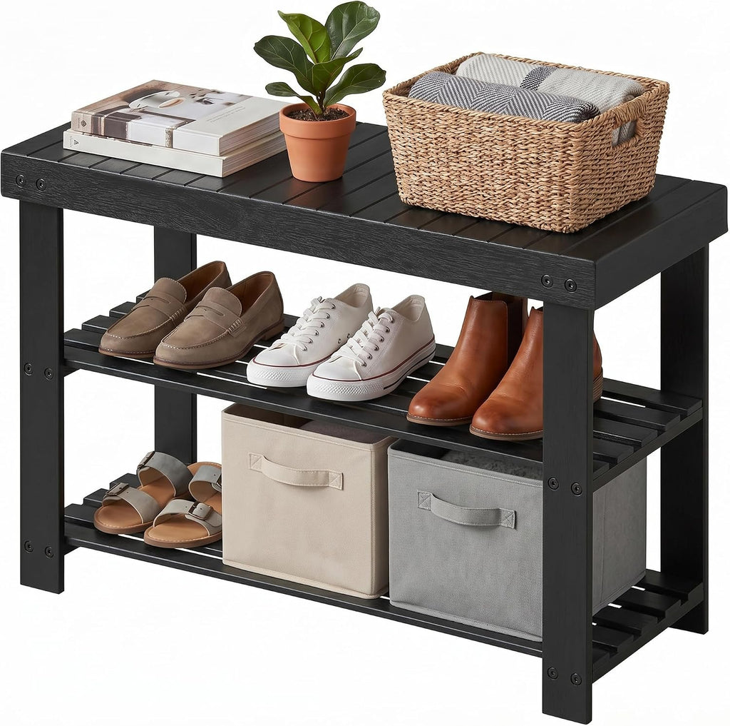 SONGMICS HOME 3-Tier Bamboo Shoe Bench, Shoe Rack, for Entryway Bathroom Bedroom, 11.5 x 27.8 x 18 Inches, Black