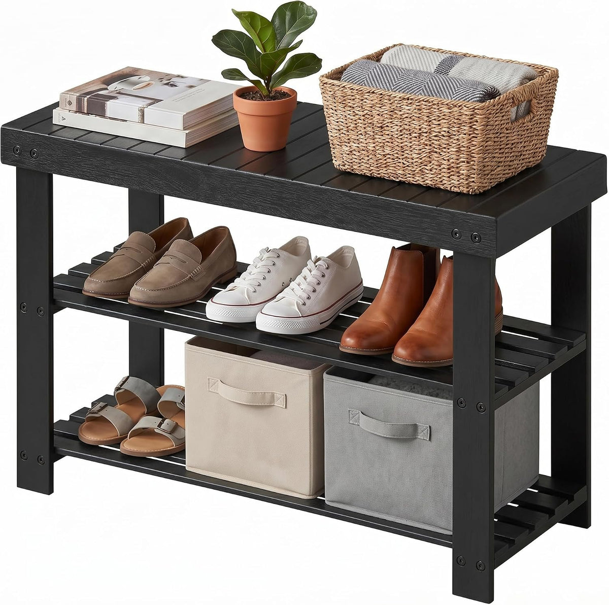 SONGMICS HOME 3-Tier Bamboo Shoe Bench, Shoe Rack, for Entryway Bathroom Bedroom, 11.5 x 27.8 x 18 Inches, Black