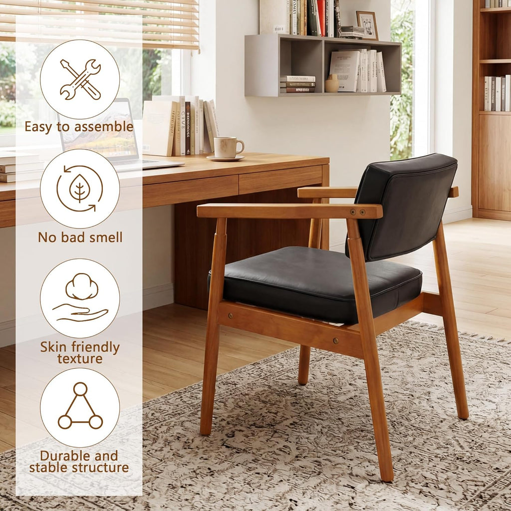 LSSPAID Mid Century Dining Chairs Set of 4, Black PU Leather with Walnut Finished Handrails Comfy Backrest, Farmhouse Dining Room Chairs for Kitchen, Living Space & Restaurant