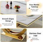 7 Piece Marble Dining Table Set for 6, 94 inch Large White Faux Marble Table with Gold U Shaped Stainless Steel Base, Modern Kitchen Dining Room Table Set for 6 with Grey Upholstered Velvet Chairs