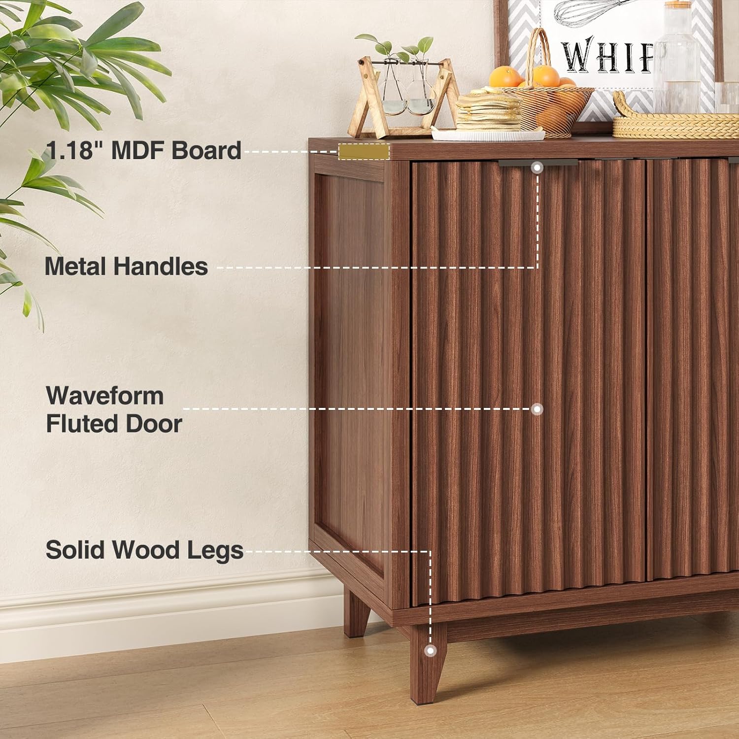 Vabches Modern Fluted Buffet Cabinet with Storage, 31.5" W Sideboard with Solid Wood Legs and Adjustable Shelf, Black Accent Cabinet for Kitchen, Living Room