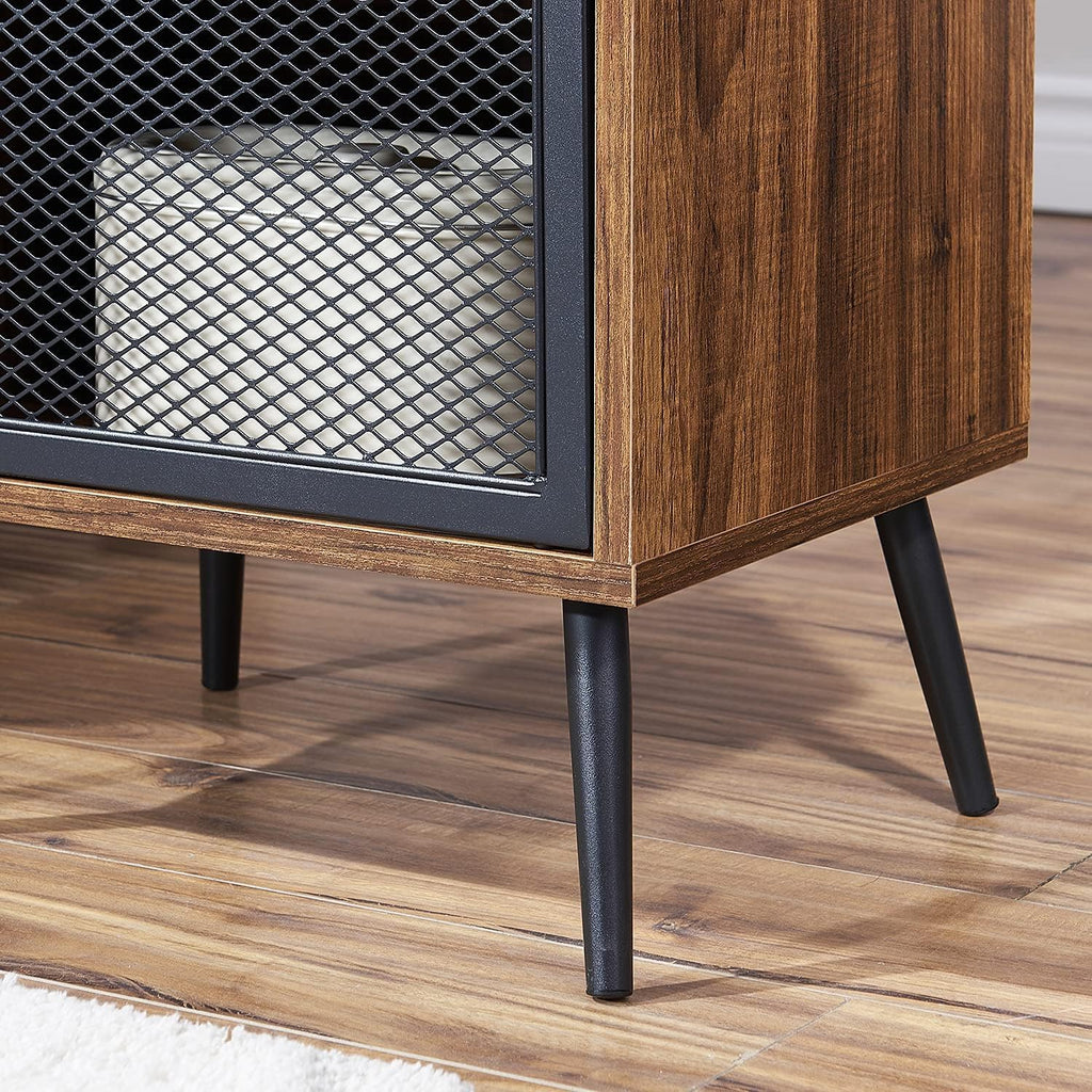 VECELO Modern Nightstand Set of 1, End Table with Storage Cabinet, Industrial Night Stand with Open Drawer Shelf for Living Room, Bedroom, Brown