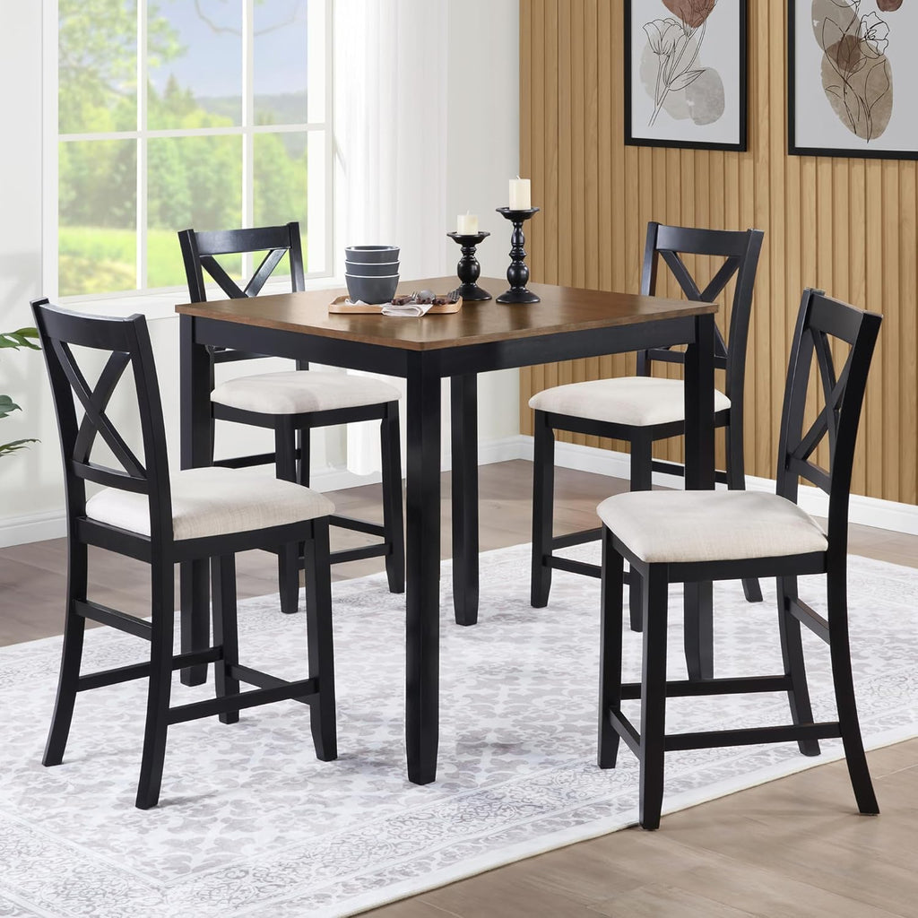 KEIKI 5-Piece Standard Height Dining Table Set with Square Table and 4 X-Shaped Backrest Upholstered Chair, for 4 Person, Modern Wooden Table Set, Easy Assembly, for Kitchen, Dining Room, Black+Oak