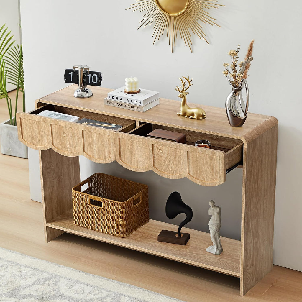 ORRD Console Table with Drawers, Mid-Century 43 Inches Narrow Entryway Table with Open Storage Shelves, Hallway Accent Tables Behind Couch Tables for Living Room - Natural