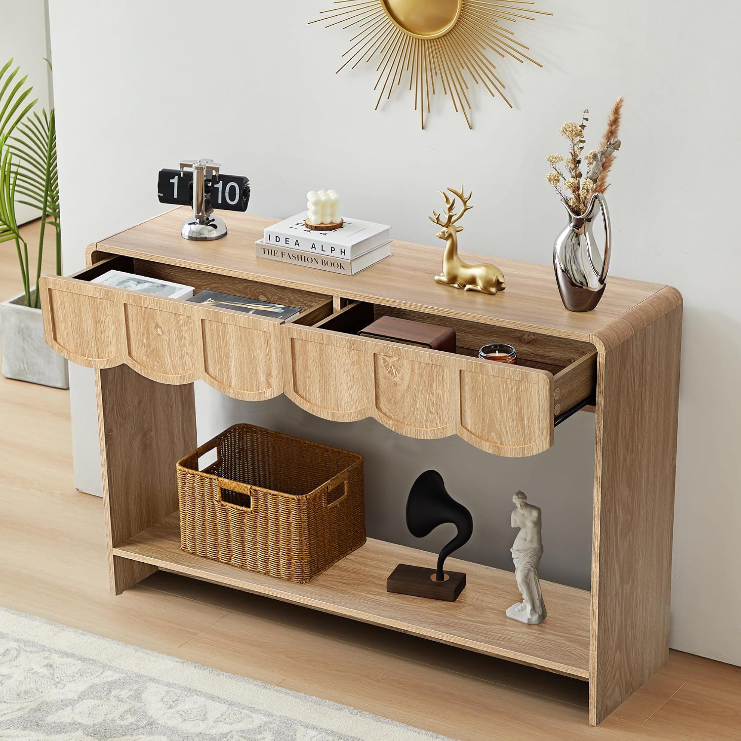 ORRD Console Table with Drawers, Mid-Century 43 Inches Narrow Entryway Table with Open Storage Shelves, Hallway Accent Tables Behind Couch Tables for Living Room - Natural