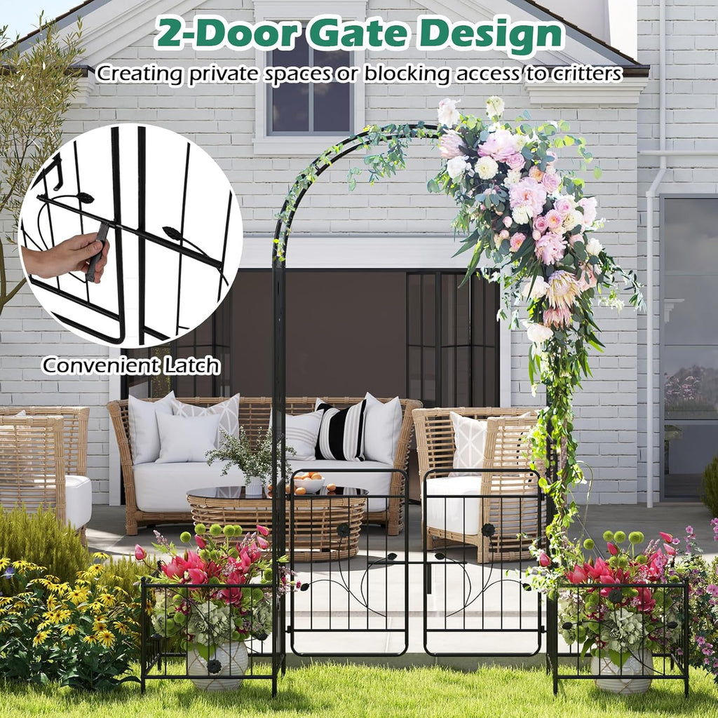 Giantex Garden Arch with Planter - 86 inch Metal Garden Arbor with Gate, Arch Trellis for Climbing Plants Rose, Wedding Archway Pergola for Lawn Patio Bridal Party Decoration